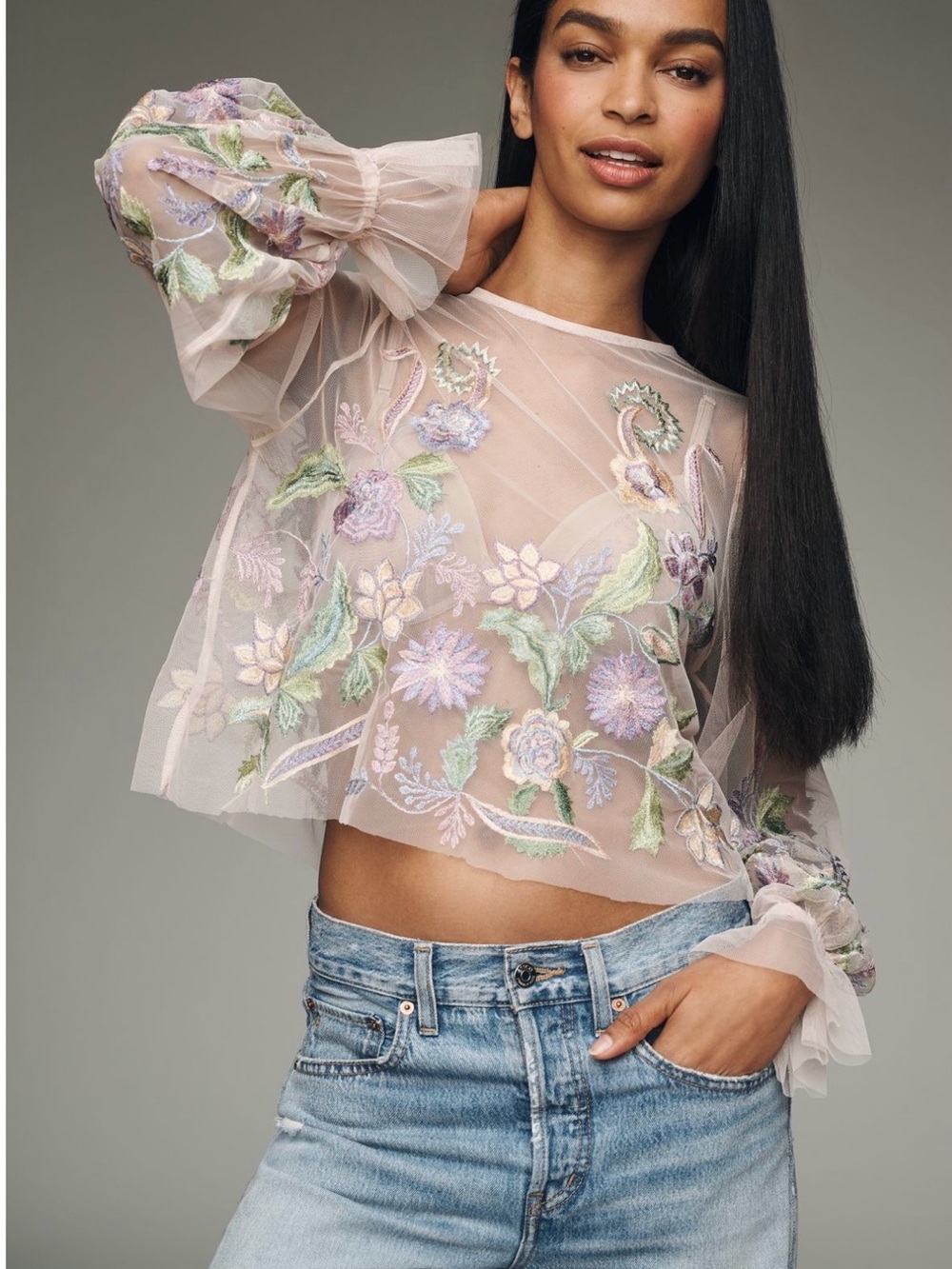 NWT By Anthropologie Long-Sleeve Embroidered Mesh Top